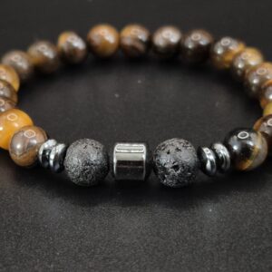 Armband Kraft aus Tigerauge und Lavastein mit elastischem Band